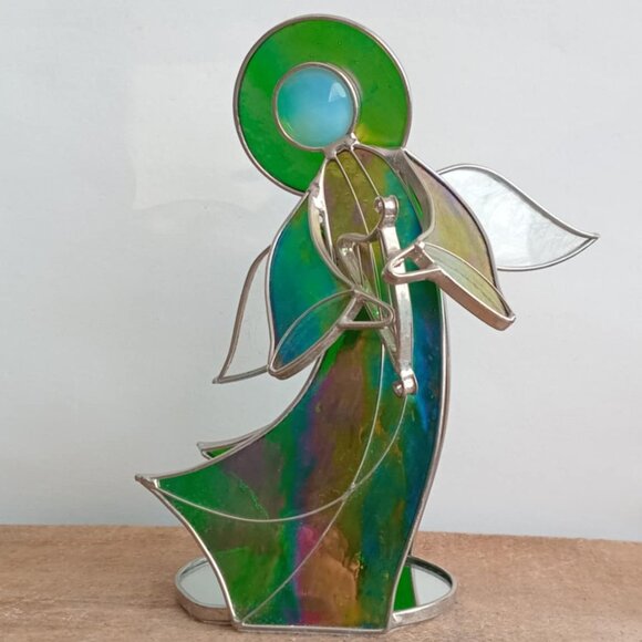Vintage Stained Glass Green Angel + Harp Figurine, 3D Art, Christmas Nativity De - Picture 3 of 9